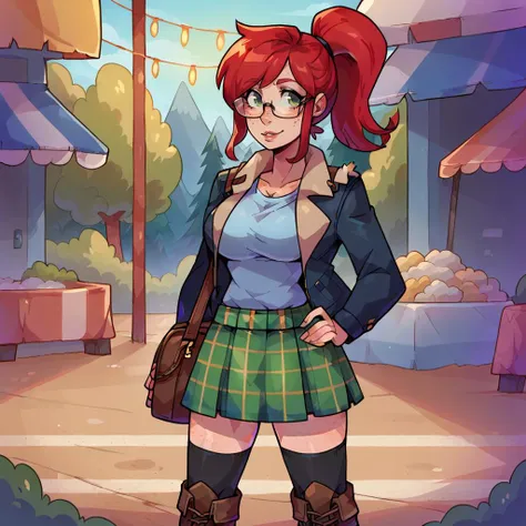 a cartoon girl in a skirt and jacket standing in front of a store