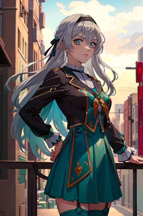 <lora:full_metal_panic:0.8> cowboy shot,   <lora:firefly-v2-kozue:0.5> 1girl, blue eyes, grey hair, long hair, hair ornament, black hairband, long sleeves, green skirt, green thighhighs,, absurdres, ultra detailed, masterpiece, best quality, aesthetic, det...