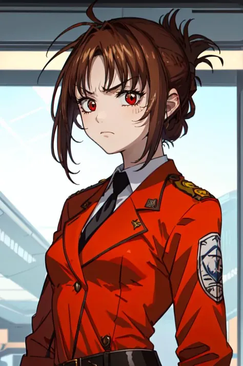 <lora:full_metal_panic:0.9> brown jacket, black necktie, military uniform,, absurdres, ultra detailed, masterpiece, best quality, aesthetic, detailed,, solo, frown,
1girl, red eyes, <lora:Tsurime3:1>, (tsurime:1.2), (brown hair:1.3), medium hair, (asymmetr...