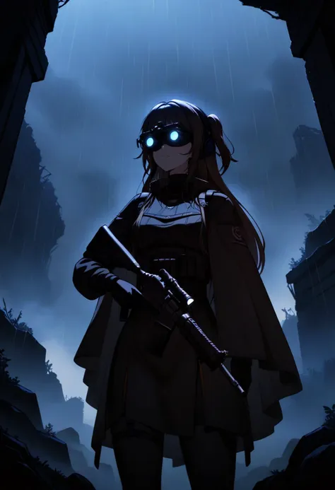 a woman in a trench coat holding a gun in a dark alley