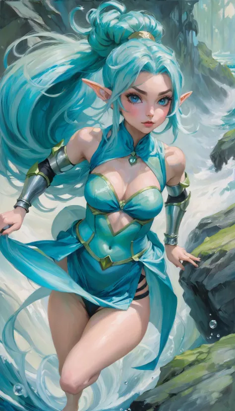 rough oil painting, anime style, girl, wide hips, slim hourglass figure, narrow waist, elf rune knight lord villainess, aqua hair, hair bun, running, simple background, by some  mossy rocks, bombshell hair, azure hair, hair bobbles,Tousled Hair, arms behin...