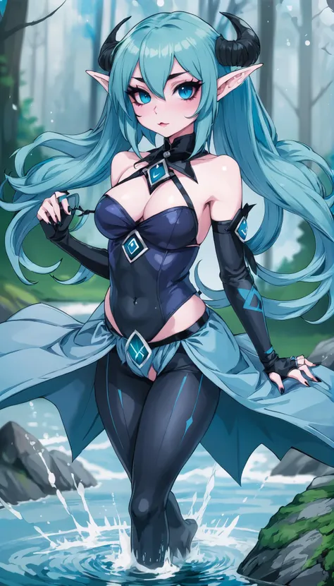 anime style, girl, wide hips, slim hourglass figure, narrow waist, elf rune knight lord villainess, aqua hair, hair bun, running, simple background, by some  mossy rocks, bombshell hair, azure hair, hair bobbles,Tousled Hair, arms behind head<lora:EnvyGoth...