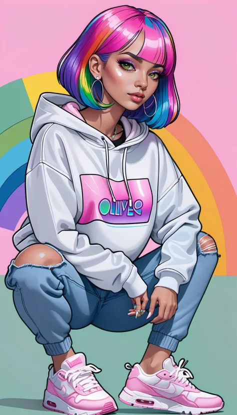 simple background, pink  background,
mature woman  aged between 30 to 40 years old,
layered cut ,
rainbow  hair,
olive  skin,
luminous eyes ,
 <lora:anime_style_lora_xl:1>, lineart, outline, flat colors, 1990s (style),
jeans, sneakers, graphic tees, hoodie...