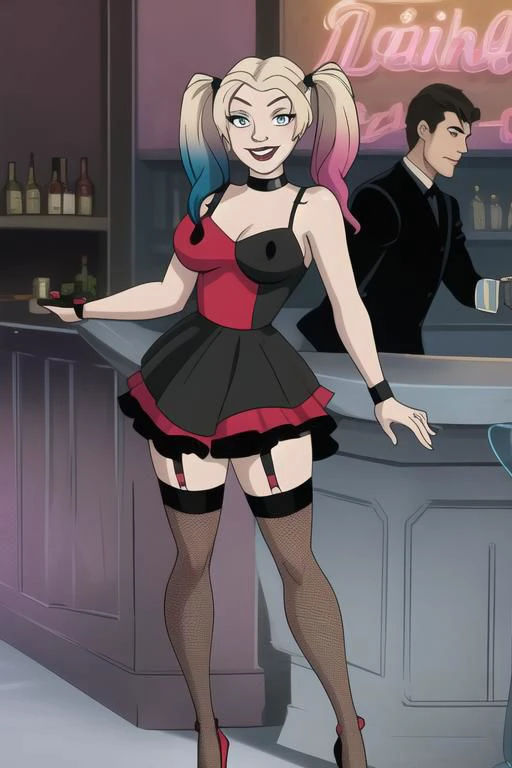 <lora:harleytv:1> h4rl3y, 1girl, 1boy, twintails, The Playful Pin-Up: wearing sexy prom style black dress, matching black fishnet stockings, garter belt, ankle strap high heels, smiling, breasts popping out, bar setting, leaning against bar,