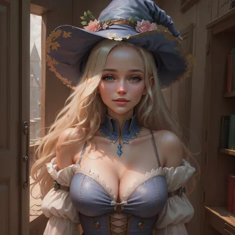 ((best quality)), ((masterpiece)), ((realistic)), (detailed), (1 girl) women, ,award winning character concept art of, a cute mechanical witch, blond hair, blue eyes,  blurry_background, breasts, smile, cleavage, witch hat, natural lighting, large_breasts,...