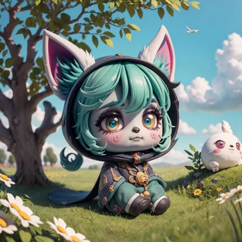 (masterpiece, best quality),(ultra-detailed), (full body:1.2),<lora:vexLeagueOfLegends_v10:1>, vex1, rnd1, (grey skin:1.3),chibi, sitting on the back of a poro, in a wide field with green grass, colorful flowers, willow trees, swallows flying through the a...