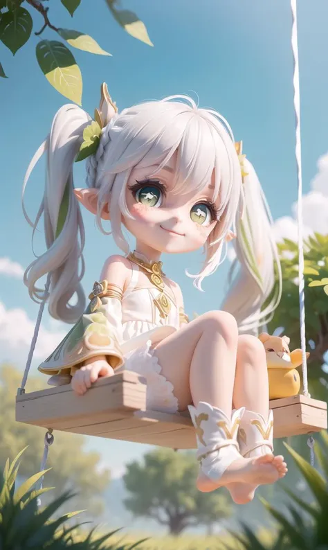 (masterpiece),(best quality),(ultra-detailed), (full body:1.2), 1girl,chibi,nahida_genshin,(cross-shaped pupils:1.2),(left side ponytail:1.2),white hair,default_dress,cute,blush,blush stickers,smile,(swing:1.2), sitting, (from below:1.2),(beautiful detaile...