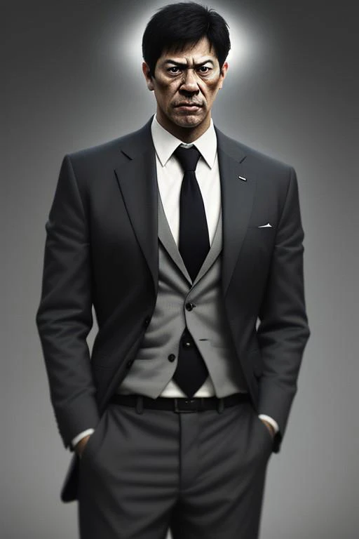 best quality,masterpiece,(realistic:1.2)quality,realistic,masterpiece,Highly detailed,1boy,office man,adult,asian,black hair,suit,standing,hand in pocket,grey_background,moody lighting,full_shot,frontlight,highres,absurdres,incredibly_absurdres,huge_filesi...