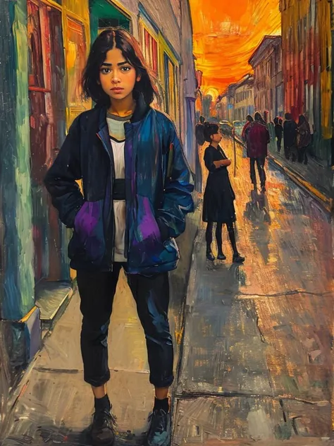 masterpiece,best quality, upper body,  a girl Mexican aged 16yo, perfect eyes, sidewalk, Jacket, standing on one leg,
 <lora:tbh115-:0.8> style of Edvard Munch, painting,