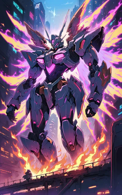 best quality,fire,sci-fi,flying
edgtf,masterpiece,neon lights,anime,mecha,metallic chrome armor,wing,cyberpunk,robot