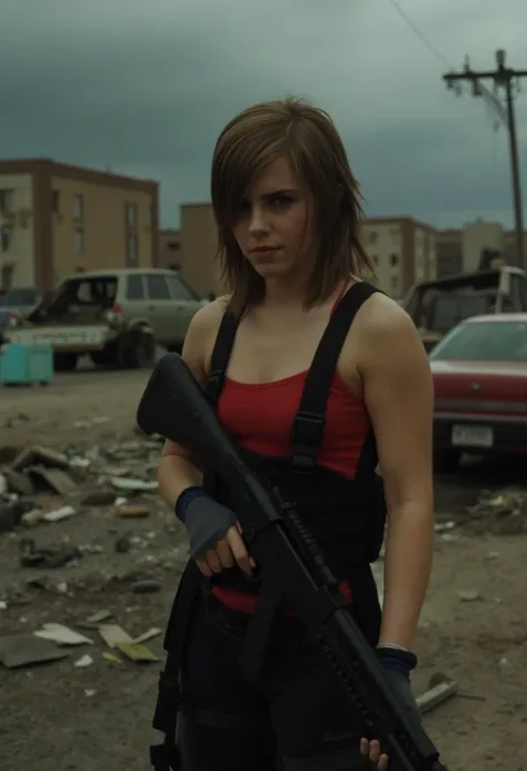 Emma Watson as "Alice" from *Resident Evil* (2002). She’s standing in an abandoned, post-apocalyptic cityscape, dressed in a red tank top under a black tactical vest, with fingerless gloves. Her sleek brown hair is damp and slightly disheveled, hanging ove...