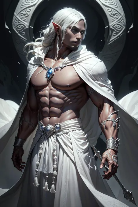 (drow:1.2) 1man, muscular, holding scimitars, ((body hair)), short white undercut, flowing white robe, white cloak, flowing, (fabric with intricate pattern:1.2), (insanely detailed:1.2), ((masterpiece)), (painting:1.1), (digital painting:1.1) ((((perfect h...