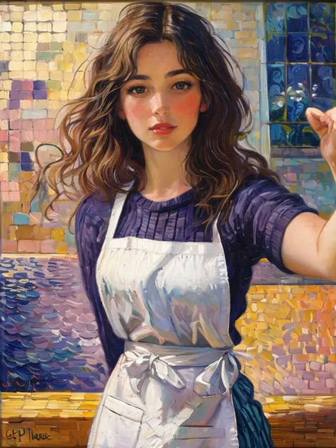 masterpiece,best quality, upper body,  a skinny girl aged 20yo, (cute_freckles:0.4), perfect eyes, bridge, lewd, Apron, outstretched arms,
 <lora:tbh130-:0.8> illustration,oil painting,style of Paul Signac