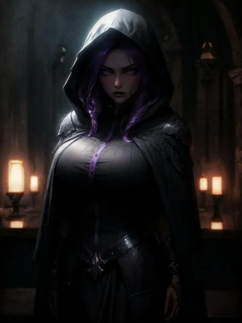 enigmatic female warrior, violet hair, hooded cloak, detailed tactical armor, intricate designs, intense expression, volumetric lighting, high detail, ultra high-definition, photorealistic, cinematic composition, dark fantasy setting, extremely detailed, m...