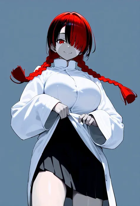 a female anime character 
zombiegirl, gray skin, dark red hair with black highlights, bangs covering one eye, large breasts, long kungfu coat, red eyes, stitches, cute smile, long chinese braids, oversized sleeves, ,AddXL BREAK
1girl, clothes lift, skirt l...