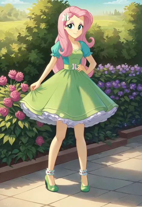 (Masterpiece, best quality:1.2), score_9, score_8_up, flat color, flat shading, soft shading, lighting, Fluttershy in a 1950s emerald green dress, a fluffy frilly ruffled full petticoat, and emerald green high heels, dress, layered petticoat, frilly pettic...