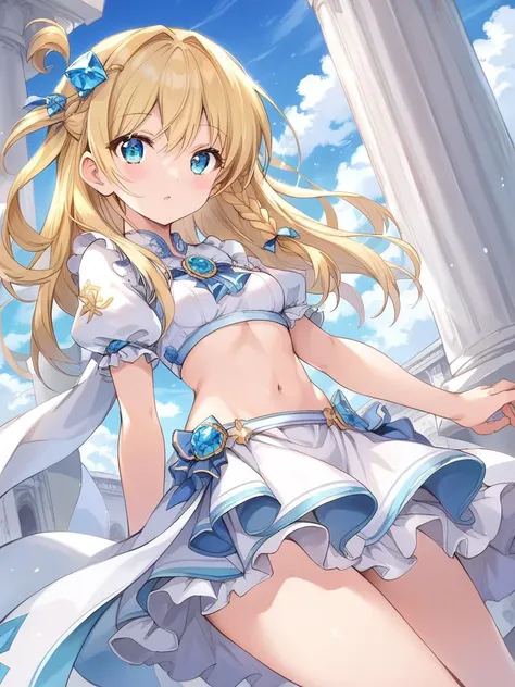 abs zPDXL, score_9, score_8_up, score_7_up, source_anime, rating_questionable, best quality, masterpiece, 4k, perfect lighting BREAK 1girl, midriff, blonde hair,  half up braid, hair ornament, cyan eyes, small breasts, white dress, frilled dress, thighs, p...