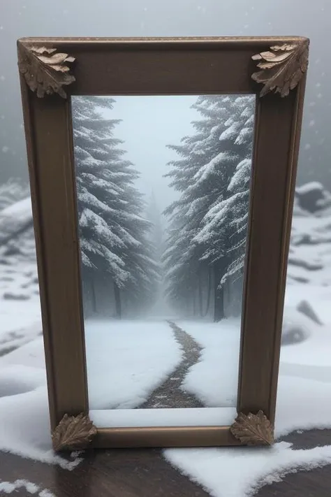 surreal art rendition of a photo frame depicting an epic snowstorm scene with the bottom part of the frame broken leading to trees and leaves spilling on the wall, anti-aliasing  <lora:Dever_Flux_Enhancer:0.5>