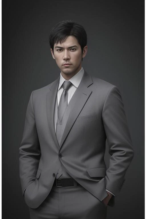 best quality,masterpiece,(realistic:1.2)quality,realistic,masterpiece,Highly detailed,1boy,office man,adult,asian,black hair,suit,standing,hand in pocket,grey_background,moody lighting,full_shot,frontlight,highres,absurdres,incredibly_absurdres,huge_filesi...