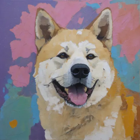 abstract painting of yujin akita inu dog smiling, vibrant colors, background of purple pink cyan magenta and some yellow brushstrokes<lora:fluxpersonasYujinLiz.safetensors:1.0:1.0> <lora:fluxestilosEldritch_Abstraction_Flux_Desro.safetensors:1.0:1.0>