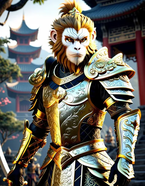 <black-wukong>, the monkey king, rough skin, upper body, walking through a spooky area, a highly detailed CGI rendering of a humanoid character with a monkey-like face, tall and slender, bushy mane of golden-brown hair, dressed in ornate, regal armor, armo...