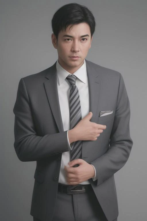 best quality,masterpiece,(realistic:1.2)quality,realistic,masterpiece,Highly detailed,1boy,office man,adult,asian,black hair,suit,standing,hand in pocket,grey_background,moody lighting,full_shot,frontlight,highres,absurdres,incredibly_absurdres,huge_filesi...