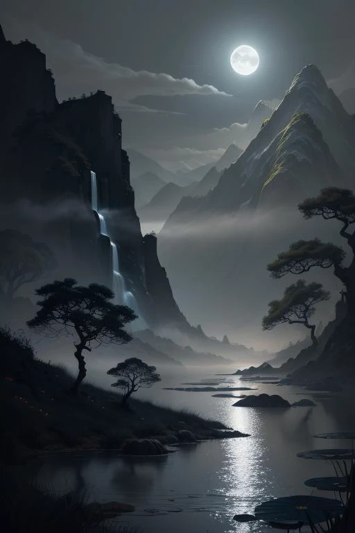 masterpiece,best quality,Chinese martial arts style,an asian night scene with lanterns and water lilies,asian pond with many lanterns and boatsa night scene with many lights and boats in the water, Lake surface, lotus flowers,beautiful night scene,(((Chinese martial arts style))), with vast sky, continuous mountains and steep cliffs, ink wash style, outline light, atmospheric atmosphere, depth of field, mist rising, bamboo, pine trees, octagonal stone pavilion, waterfall flowing water,big full moon,(No color) , Monochrome, light color,<lora:wyy-000009:1> <lora:wgz_style:0.4>