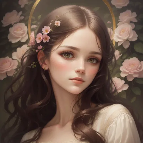 A dreamy portrait of a woman with long, flowing hair and a wistful expression, surrounded by a halo of pastel flowers. The art style is reminiscent of the ethereal, romantic works of John William Waterhouse, with the womans features rendered in soft, delicate brushstrokes.