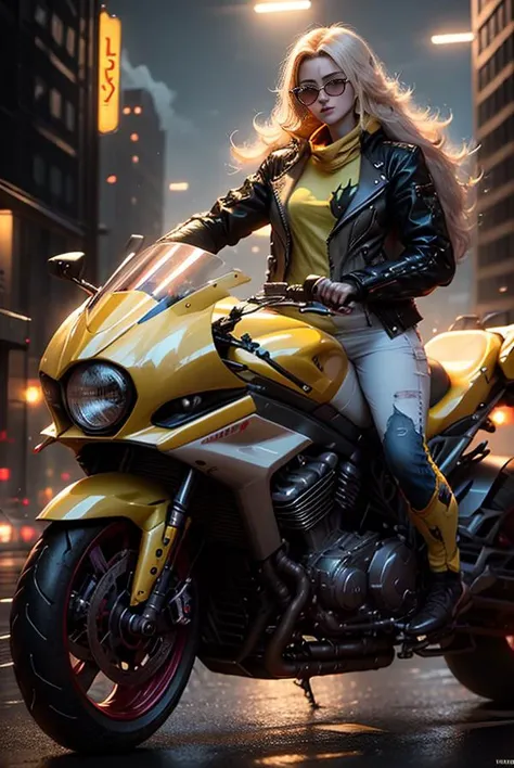 <lora:rwby_xiaolong-10:1>,Volumetric Lighting,Pilot sunglasses, Yellow long hair, yellow motorcycle,The neon lights,,vaporwave style realistic,full body, girl look at viewer,so beutiful cute face, city on background, subsurface scattering . retro aesthetic...