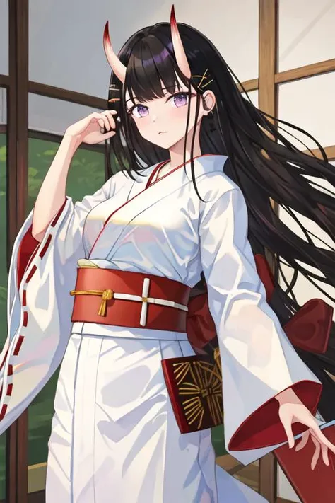 best quality, masterpiece, highres, solo, {white kimono:1.35}, {red hakama:1.35}, {wide sleeves:1.20}, {noshiro_azurlane:1.15}, long_hair, horns, oni_horns, black_hair, purple_eyes, bangs, hair_ornament, hairclip, breasts, x_hair_ornament, serafuku, very_l...