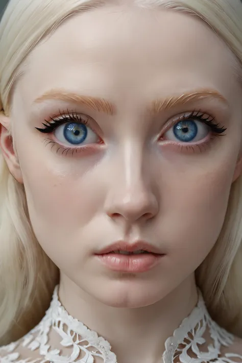 a close up of a woman with blue eyes and blonde hair