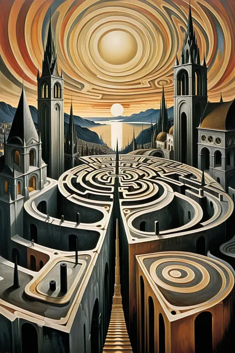 painting of a maze with a sun setting in the background