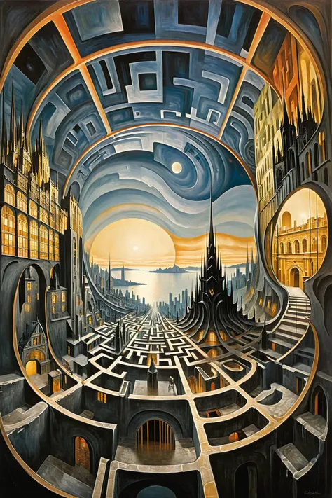 a painting of a maze with a clock tower in the middle