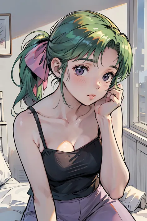 anime girl with green hair sitting on a bed looking out a window