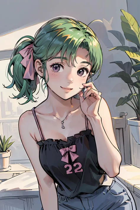 anime girl with green hair and a pink bow sitting on a ledge