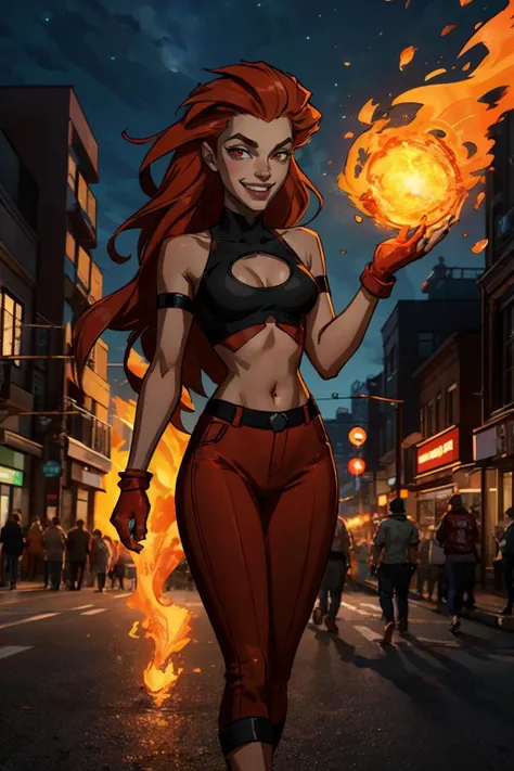 Volcana_DCAU, red eyes, very long red hair, fiery hair, crop top, boob cutout,pants, looking at viewer,smiling, evil grin, medium shot,  outside, city, street, dark, night time, fire spell, holding a fireball, dynamic lighting, high quality, masterpiece,  ...