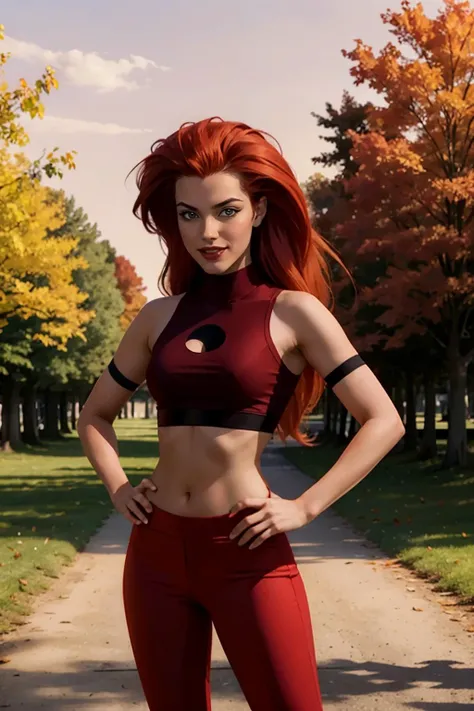 Volcana_DCAU, very long red hair, fiery hair, midriff,red croptop,cleavage, red pants, looking at viewer, serious, evil grin, standing, hands on hips, outside, park,field, trees, autumn, autumn leafs, dusk, twilight sky, high quality, masterpiece,  <lora:V...