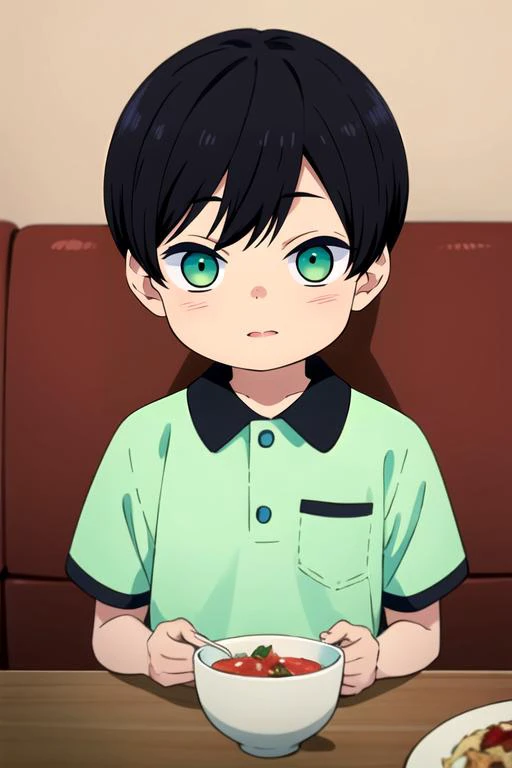 (best quality:1.1), (masterpiece:1.4), photorealistic, 1boy, solo, male focus, looking at viewer, , depth of field, , , <lora:gakuto_yuzuki:0.74>, gakuto_yuzuki, black hair, green eyes, short hair, child, , restaurant,