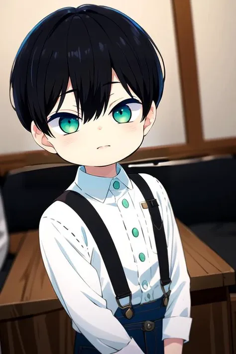 (best quality:1.1), (masterpiece:1.4), photorealistic, 1boy, solo, male focus, looking at viewer, upper body, depth of field, , , <lora:gakuto_yuzuki:0.9>, gakuto_yuzuki, black hair, green eyes, short hair, child, demon costume, atompunk, High definition