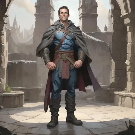 a man in a cape standing in a courtyard with a sword