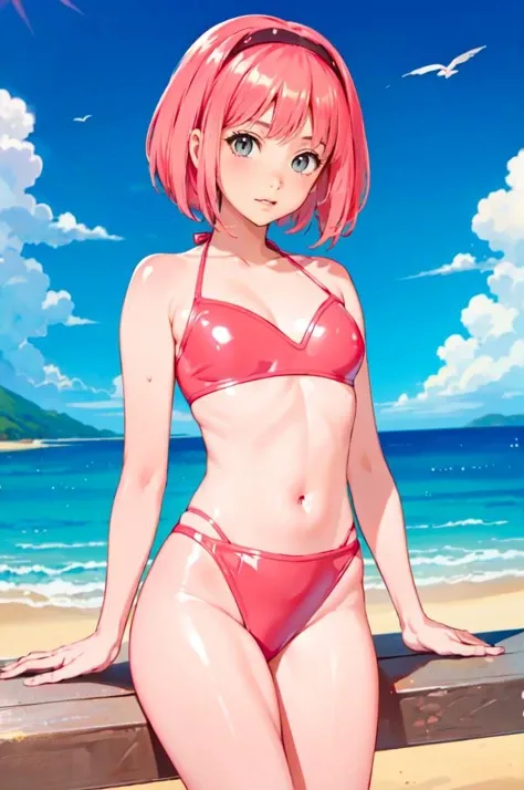 <lora:Latex_Pink_Bikini_By_Stable_Yogi:0.8> (pink latex bikini:1.2), beach,  <lora:stephanie_V3:1> with pink hair and a pink wig,, ultra detailed, masterpiece, best quality, aesthetic, detailed,, serious, 1girl, (white eyes:1.1), (grey eyes:1.3), white hai...