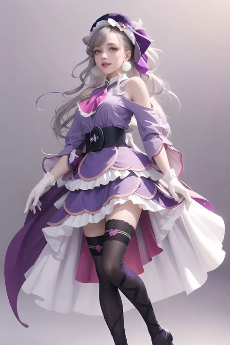 masterpiece, best quality, looking at viewer, depth of field, standing, full body, 1girl, <lora:locon_cure_amour_01:0.9>, cure amour, purple dress, white gloves, ascot, wide sleeves, detached sleeves, layered dress, knee boots, purple thighhighs, ribbon-tr...