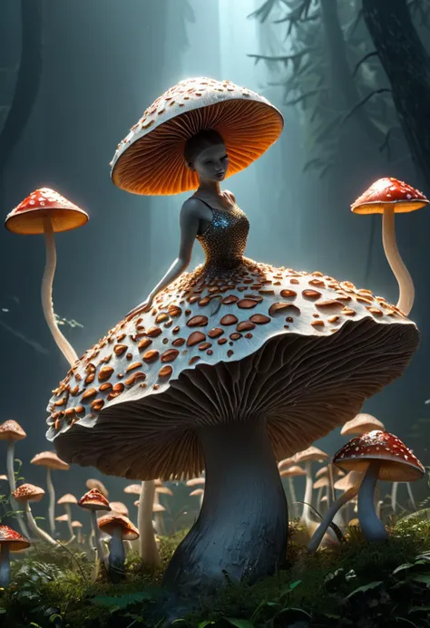 a close up of a woman sitting on a mushroom in a forest