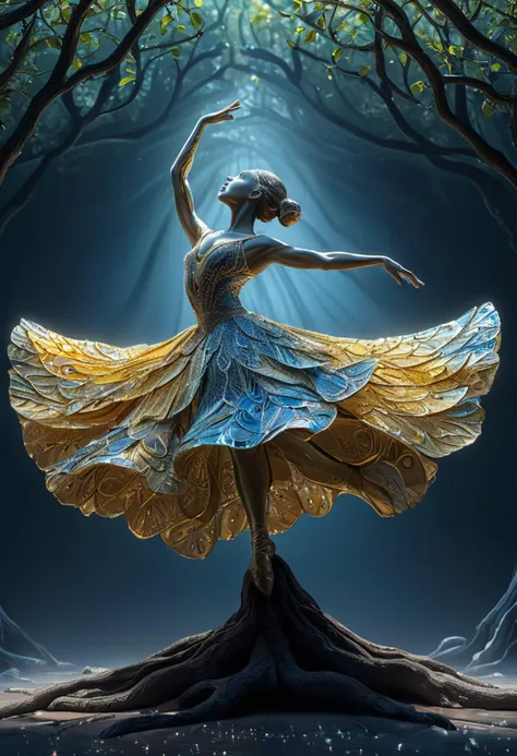 a painting of a woman in a blue dress dancing in a forest