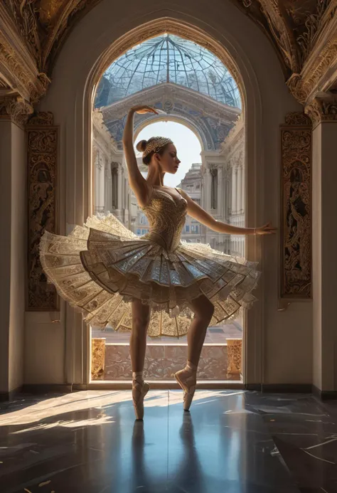 a woman in a white dress is dancing in a large room