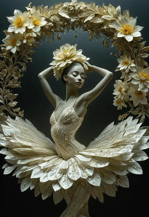 a woman in a dress made of paper flowers and leaves