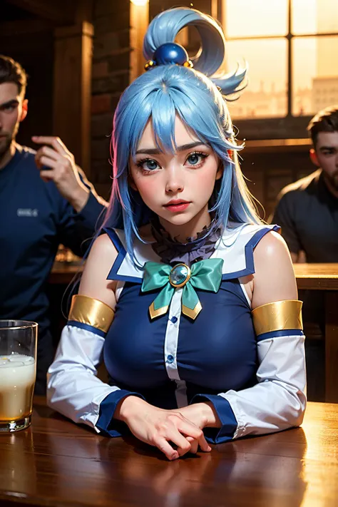 there is a woman with blue hair sitting at a table