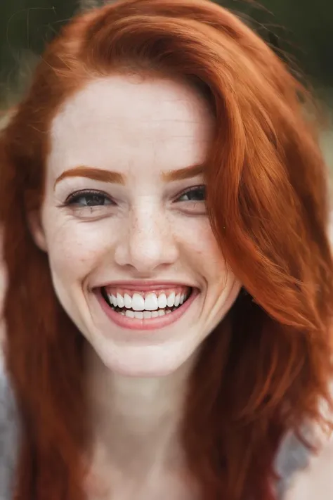 a close up of a woman with red hair smiling for a picture