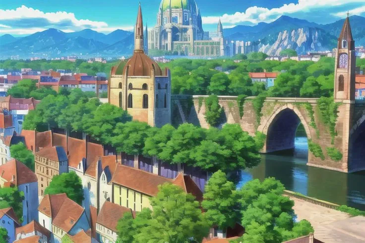 (Best quality, absurdres, high quality, high detail, 8k), (anime screencap), (no humans), Pokemovies
An old city of brick and stone buildings nestled in the shadow of a mountain, with a large cathedral in the center.