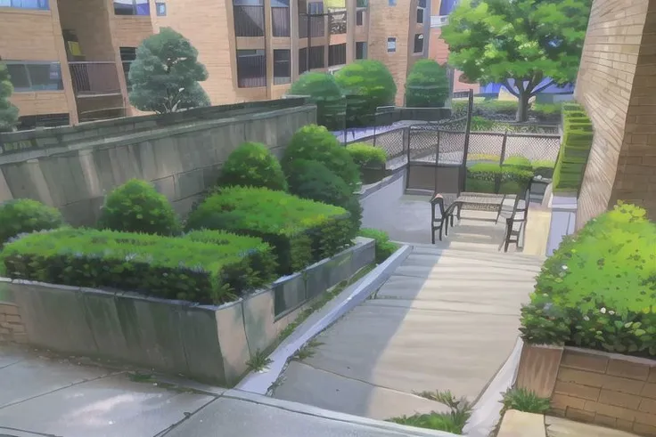 there is a painting of a courtyard with a table and chairs